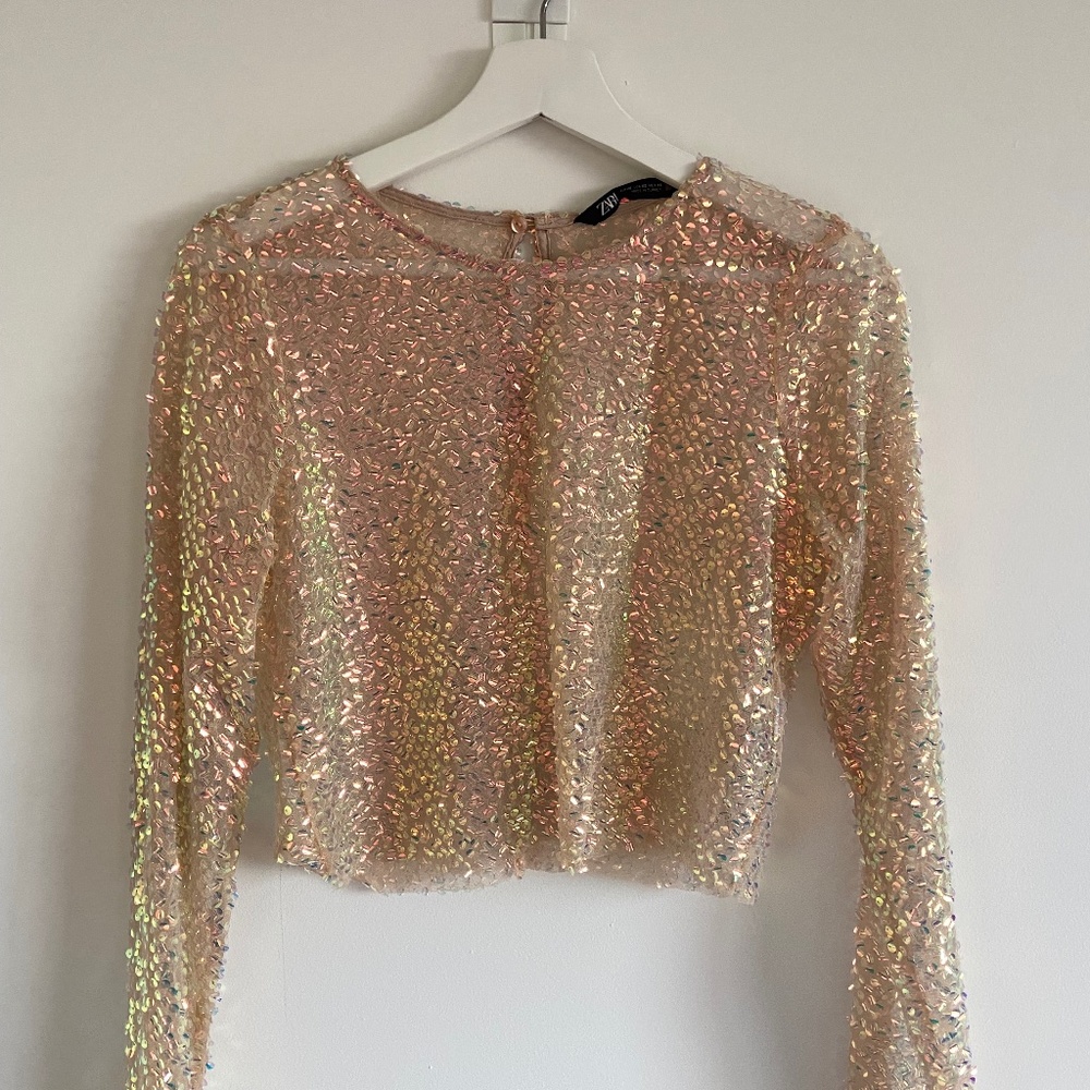 Sequin cropped long sleeve top
